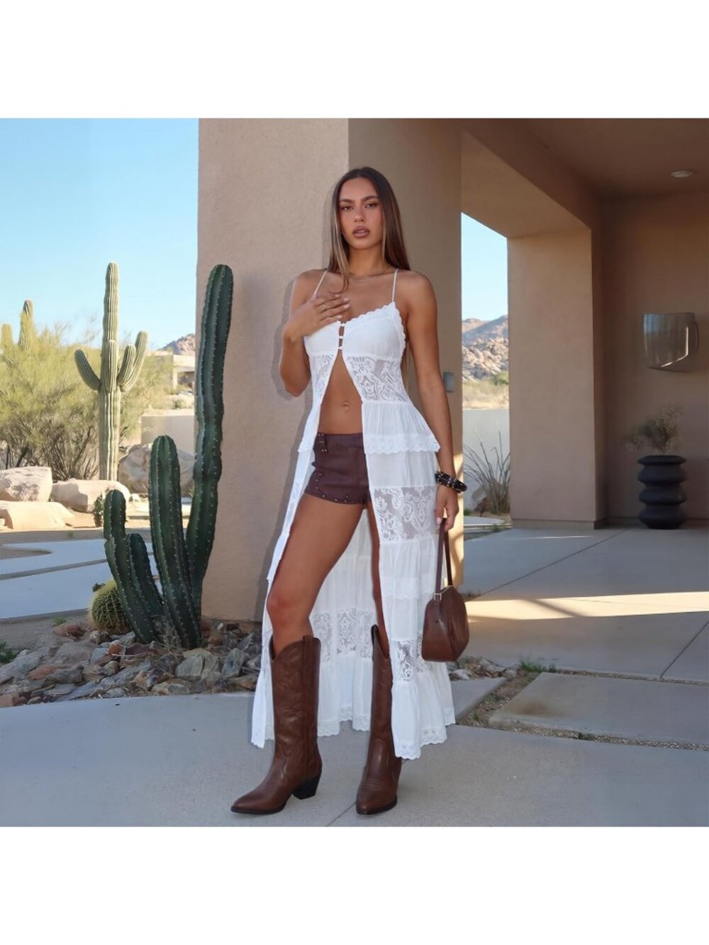 Women's Bronze Rubber Cowgirl Embroidered Western Pointy Toe Knee High Boots - Picture 5 of 6